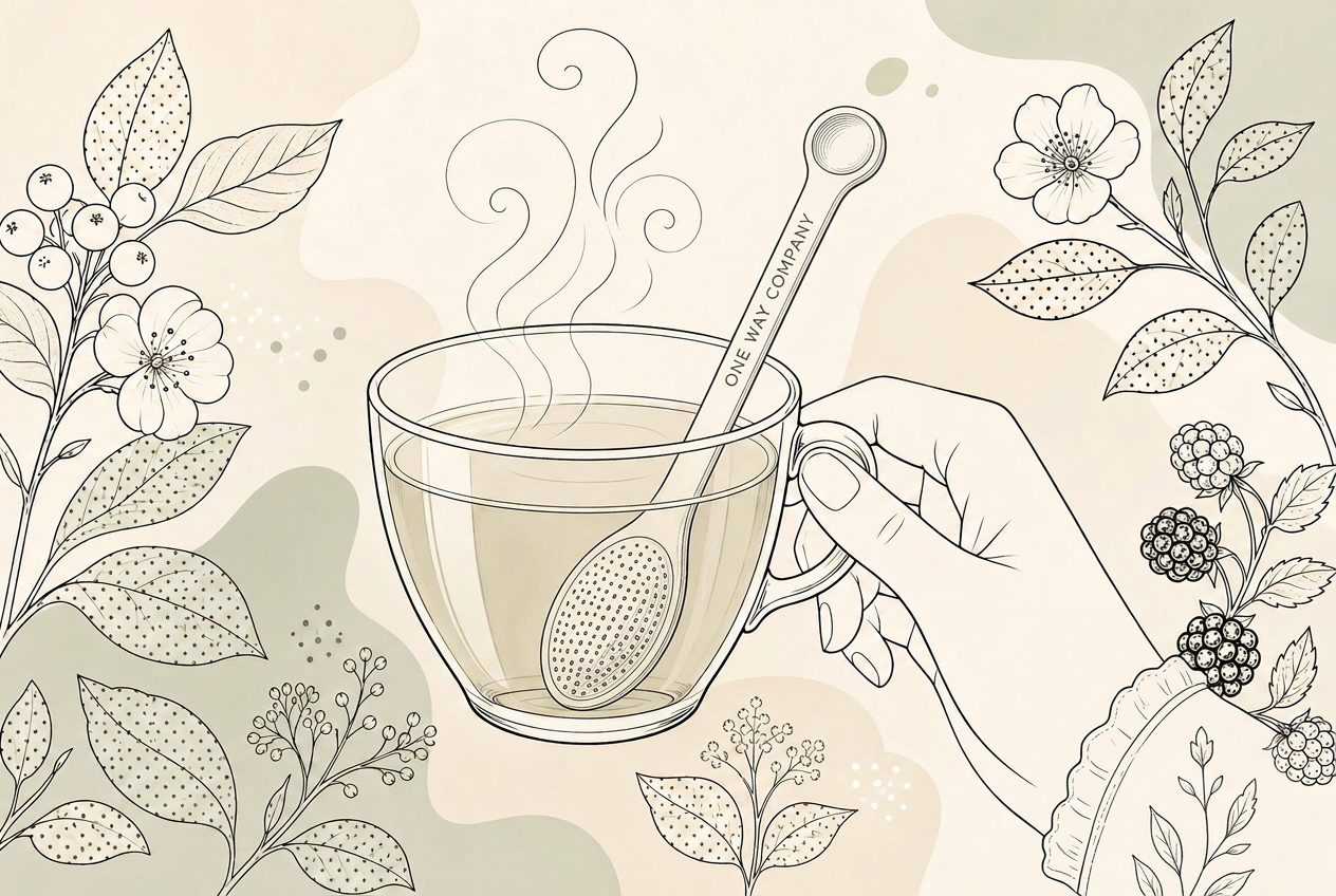 Hand holding a tea cup with One Way spoon surrounded by botanical line art