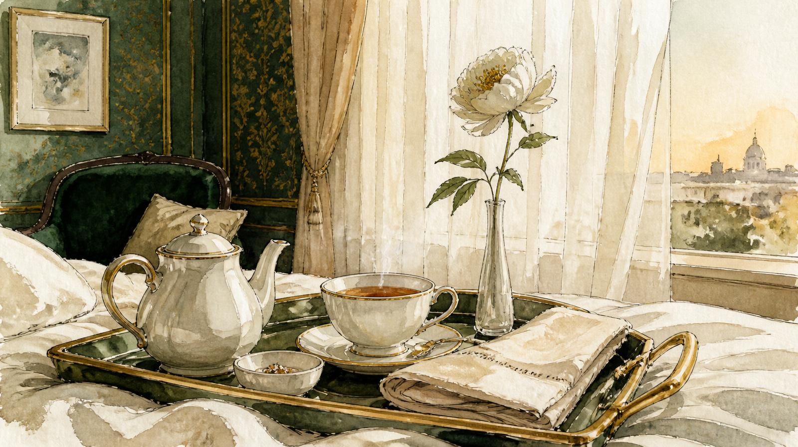 Editorial watercolor of a luxury hotel breakfast tray with teapot, cup and single flower in a bright suite