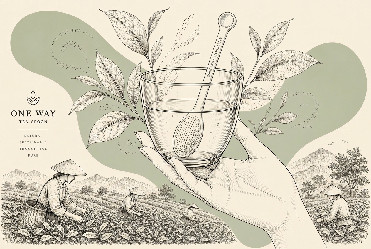 One Way Tea Spoon visual over a tea field with hand-held glass cup
