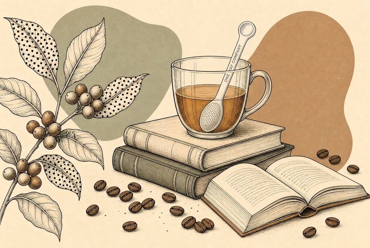 Tea and coffee scene with books, coffee beans and a glass cup