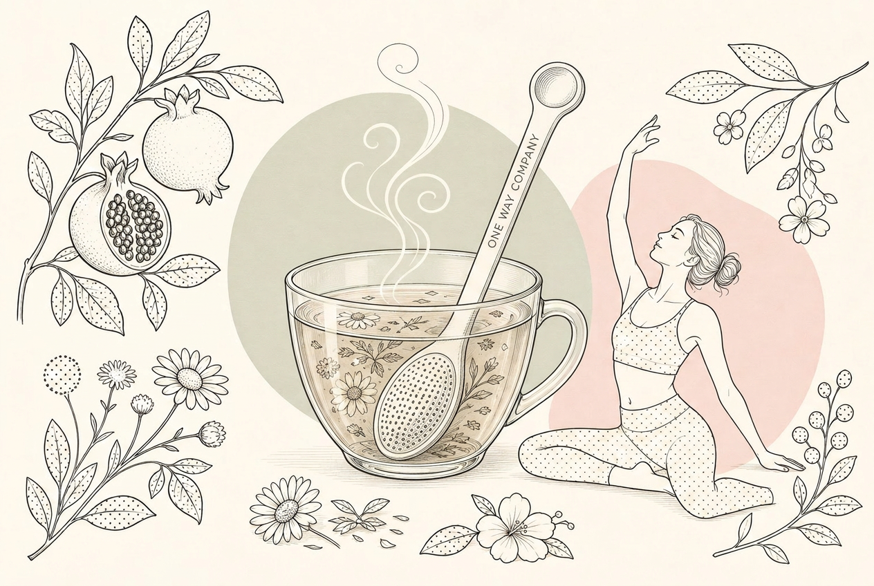 Herbal tea cup with One Way spoon, flowers, pomegranate and wellness illustration