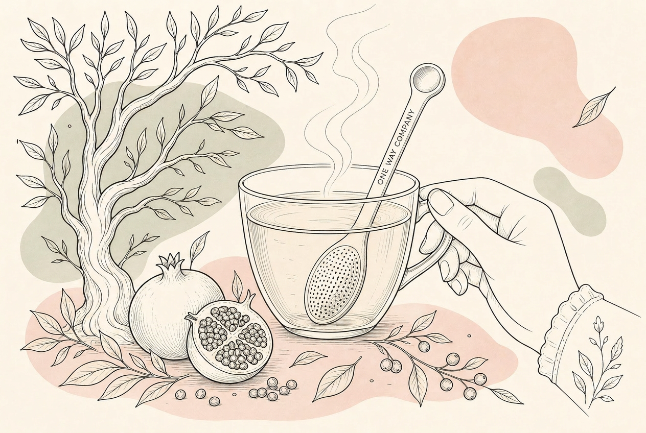 Tea cup with One Way spoon, pomegranate and hand illustration