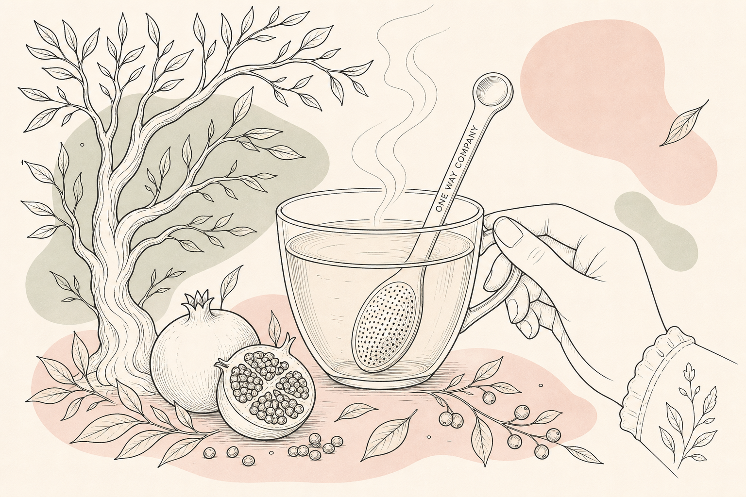 Tea cup with One Way spoon beside pomegranate and illustrated branches