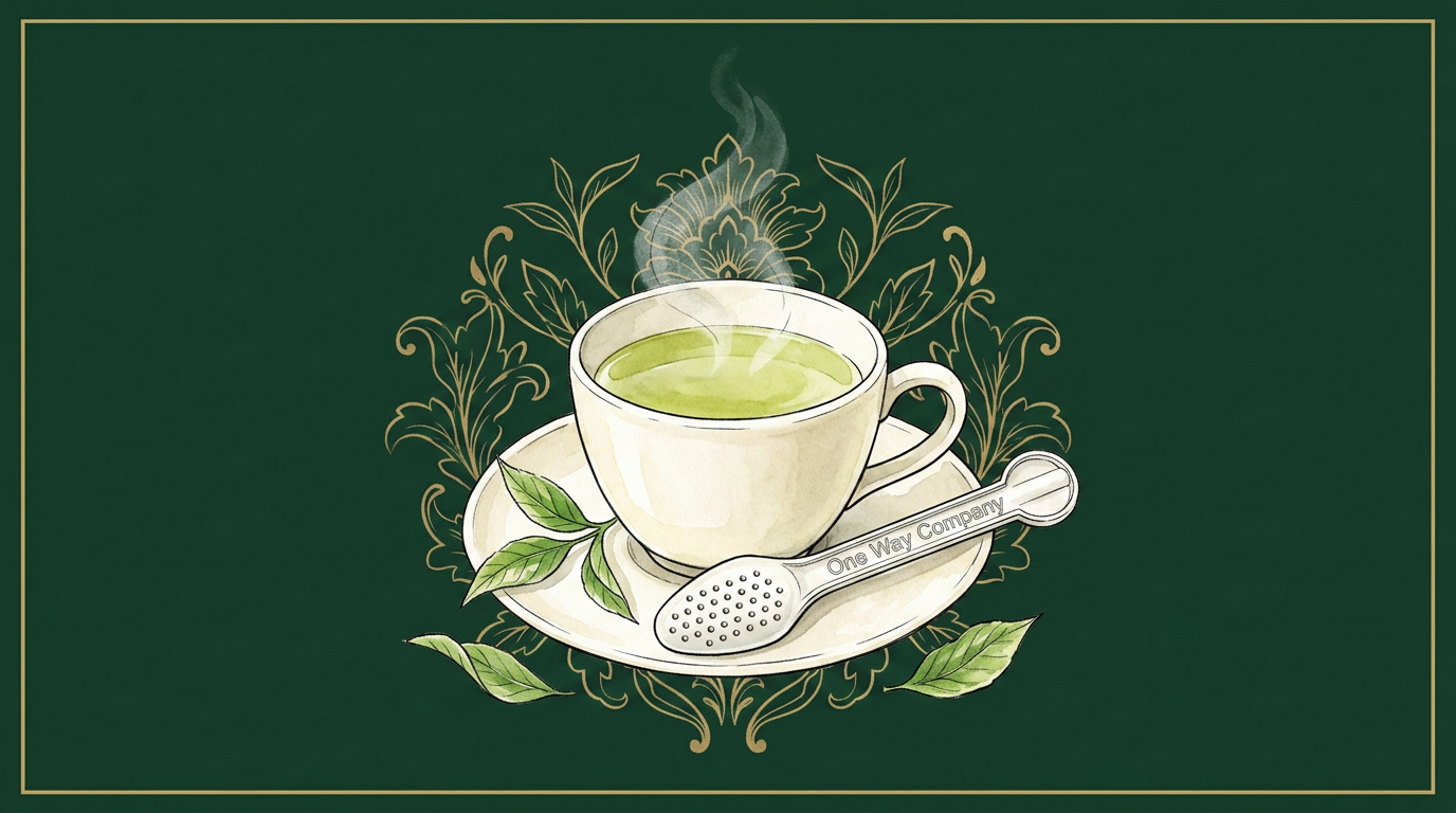 Watercolor illustration of a porcelain cup of green tea with a One Way spoon on a saucer