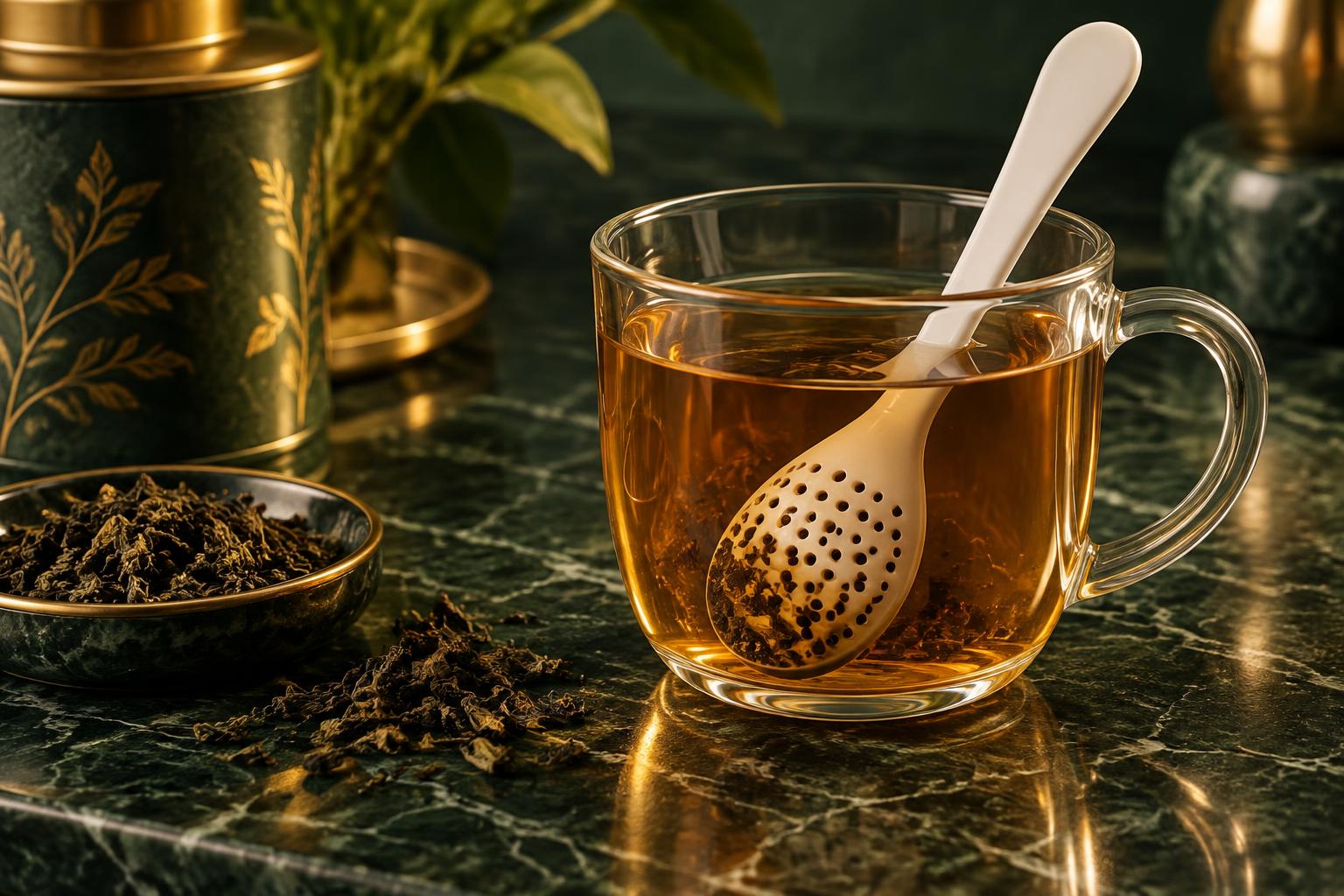 A white perforated One Way tea spoon steeping in a glass cup of amber tea on green marble, with loose tea leaves beside it