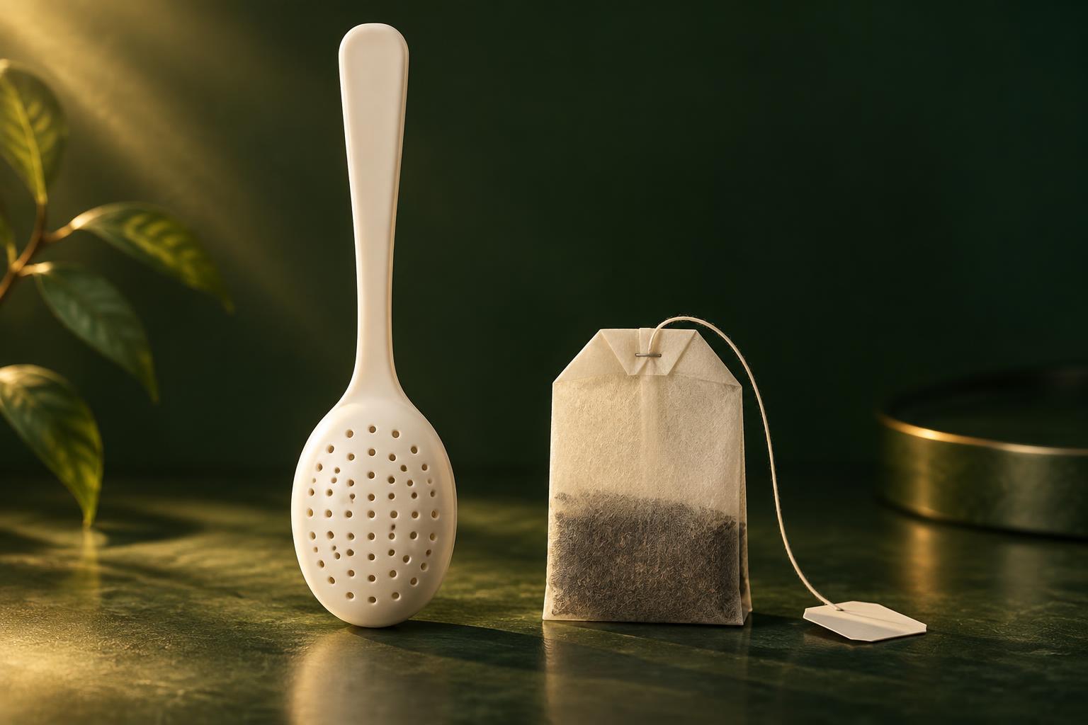 A white perforated One Way Premium spoon sachet standing beside a traditional paper tea bag on a deep green background